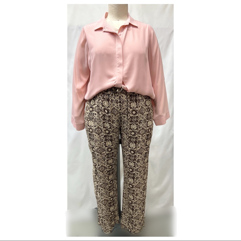 Norm Thompson Mocha Tan Printed Floral Pull On Front Tie Drawstring Pants